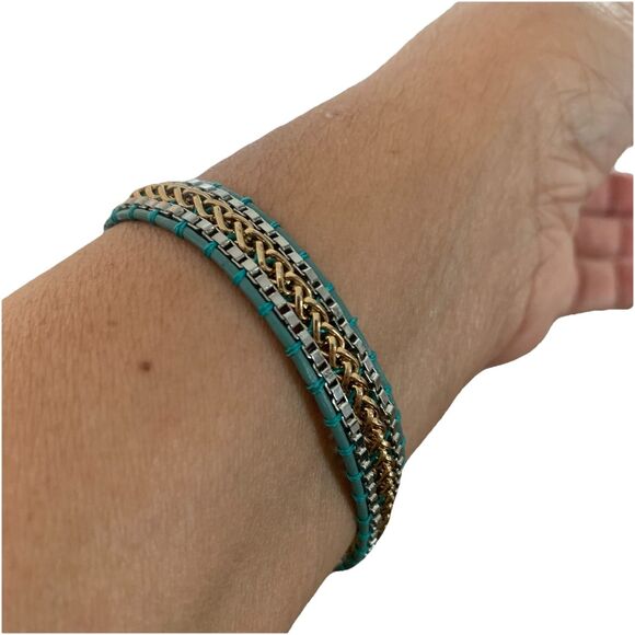 Stella & Dot Wrap Bracelet Silver & Gold Braided Teal Leather Cord Adj 6.5"-8.5" - Picture 10 of 12